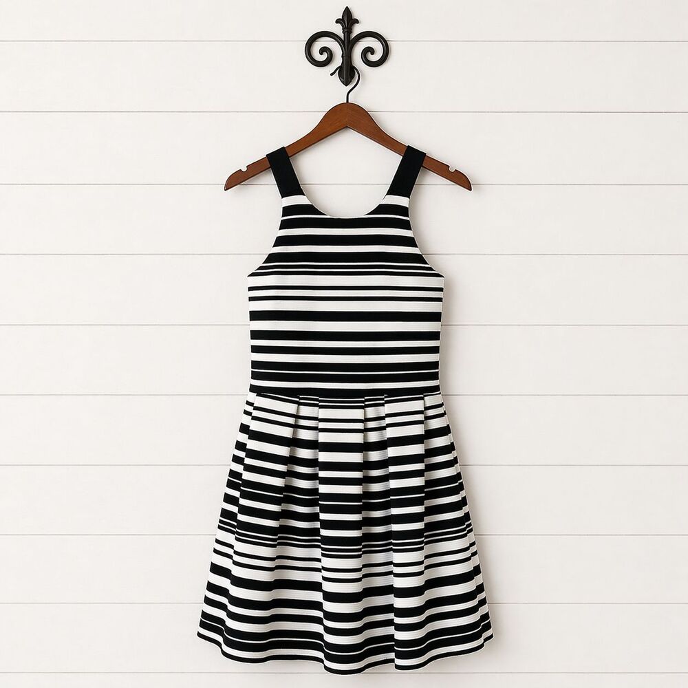 Almost Famous Black & White Sun Dress 12 Criss Cross Strap Striped Rockabilly